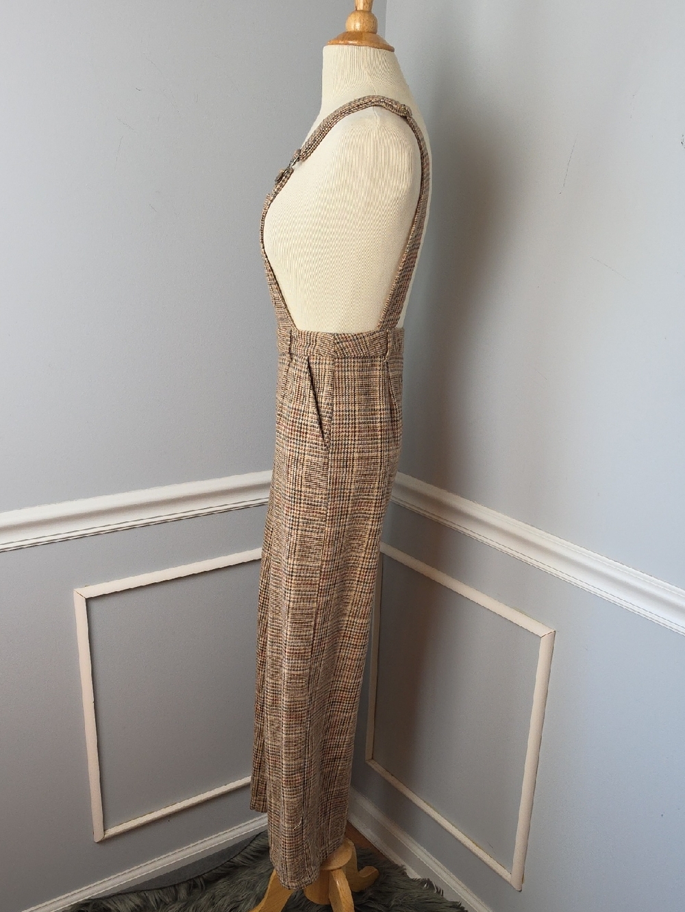 CIDER Women's Tan Houndstooth Plaid Preppy Straight Wide Leg Side Zip Overall XS - Picture 3 of 10